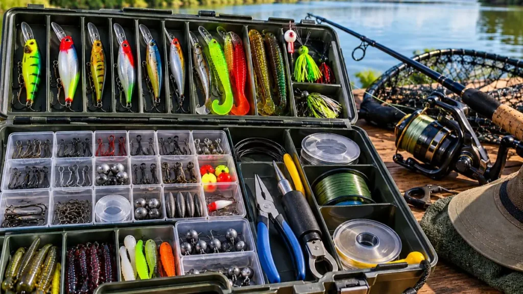 Caixa de pesca organizada com iscas naturais, artificiais, anzóis e acessórios de pesca
