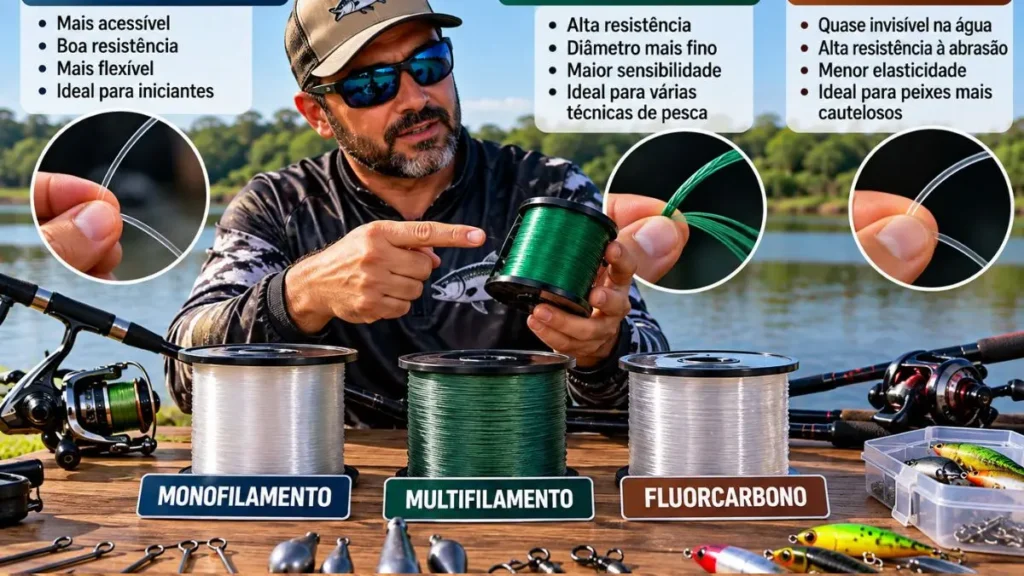 Equipamentos de pesca para iniciantes: o que comprar e como escolher 4 Instrutor de pesca mostrando Linhas de pesca, monofilamento, multifilamento e fluorcarbono