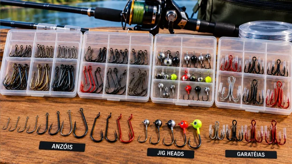 Kit de anzóis variados para pesca com modelos simples, offset, jig heads e garatéias