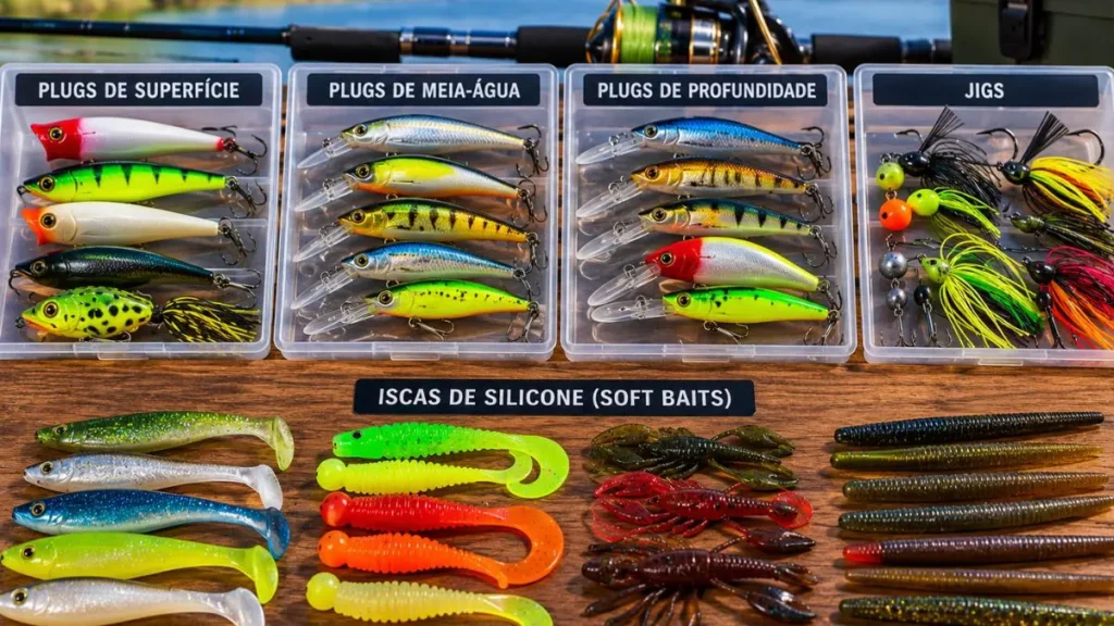 Tipos de iscas artificiais para pesca, incluindo plugs, jigs e iscas de silicone.