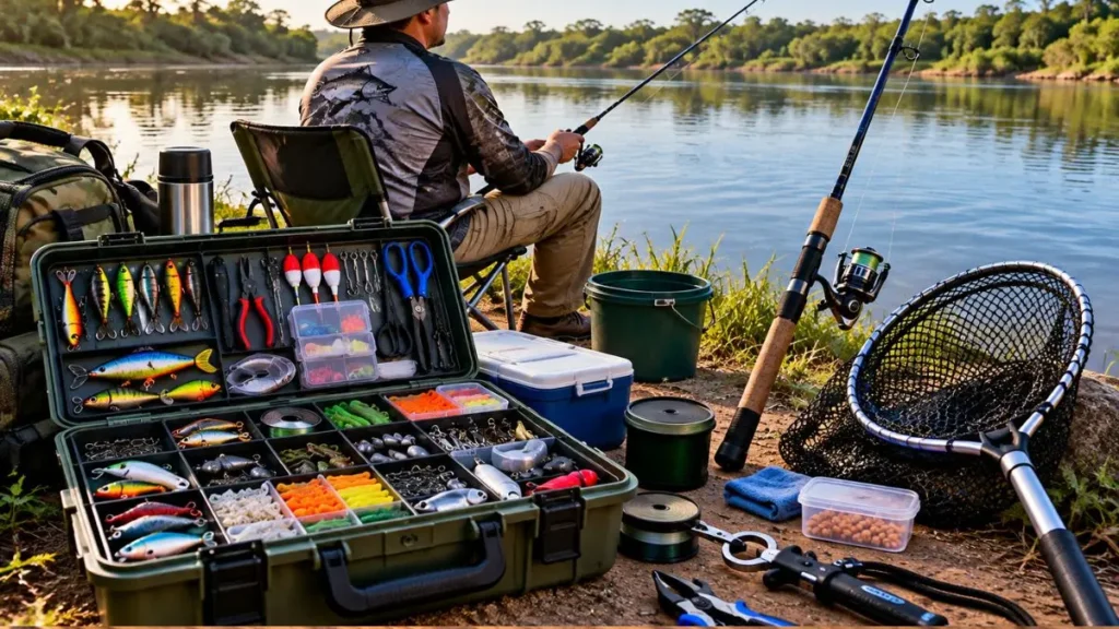 Equipamentos de pesca para iniciantes: o que comprar e como escolher 2 pescador sentado em uma banqueta na margem do rio, com a caixa de pesca aberta com todos os materiais de pesca arrumados e ao lado, vara com molinete, passagua etc